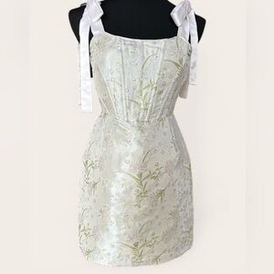 MABLE Floral Jacquard Dress in Sage Green with Bows on Shoulders Size Small